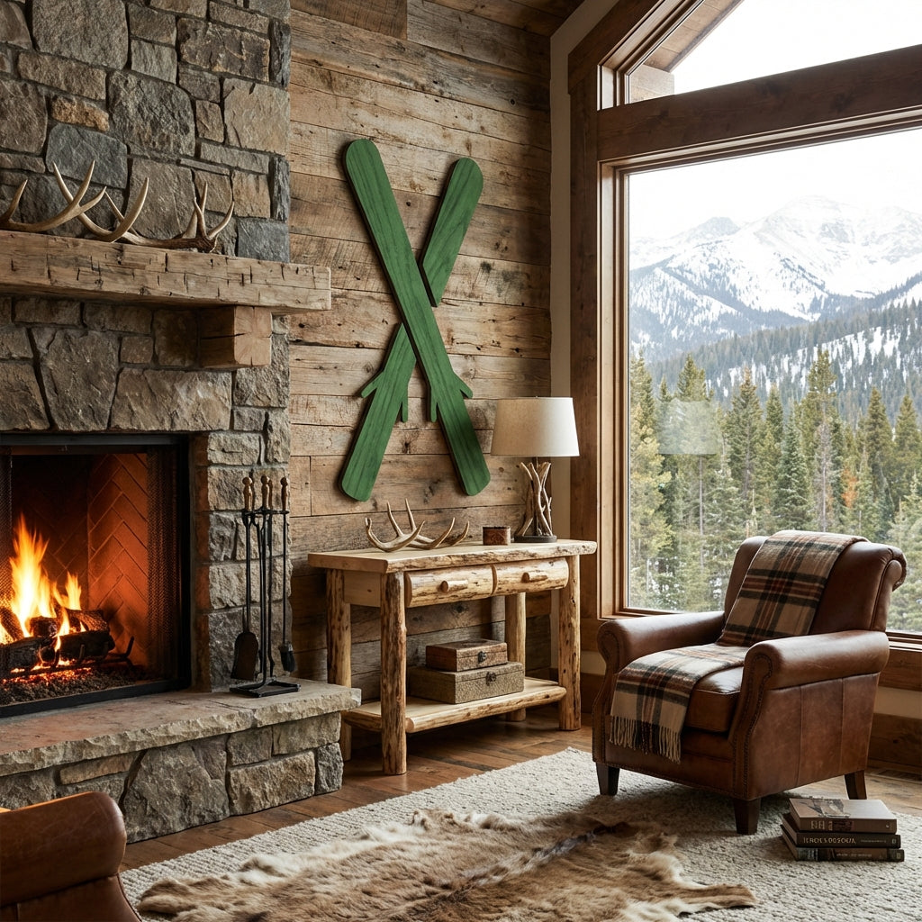Crossed Skis Wood Wall Art Carved Wood Wall Art Panel