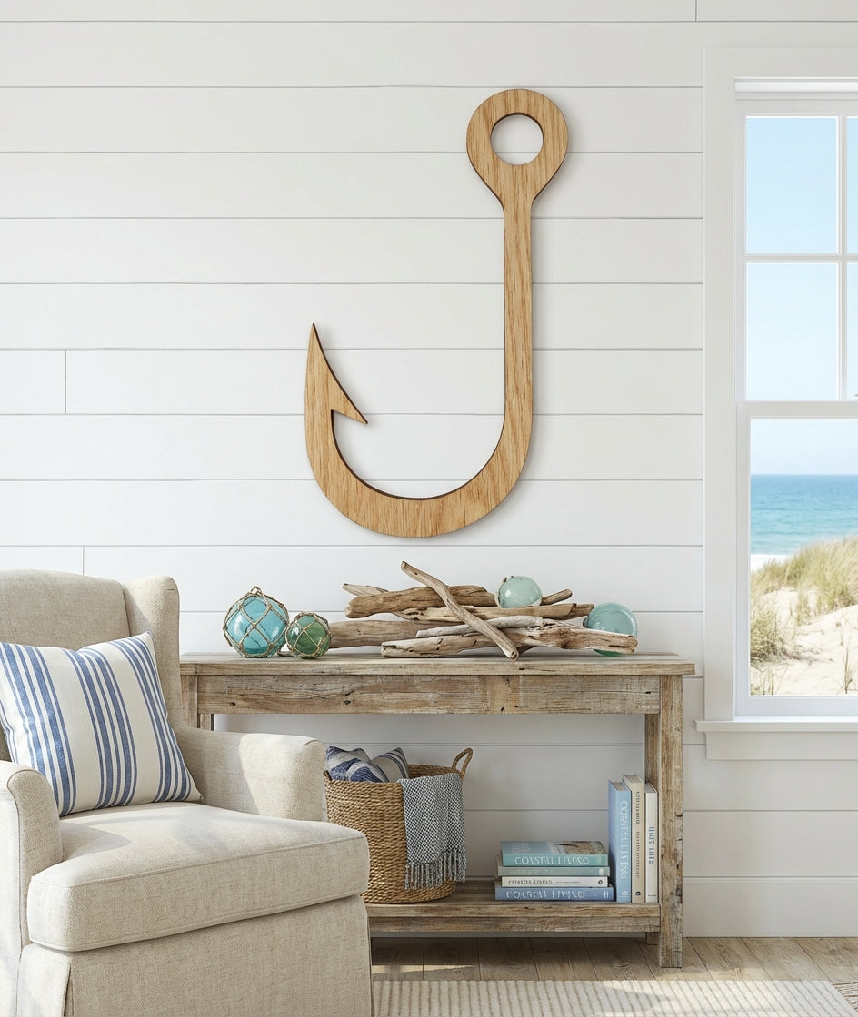 Fish Hook Wood Wall Art Carved Wood Wall Art Panel - Freeform in Beach House (Natural)