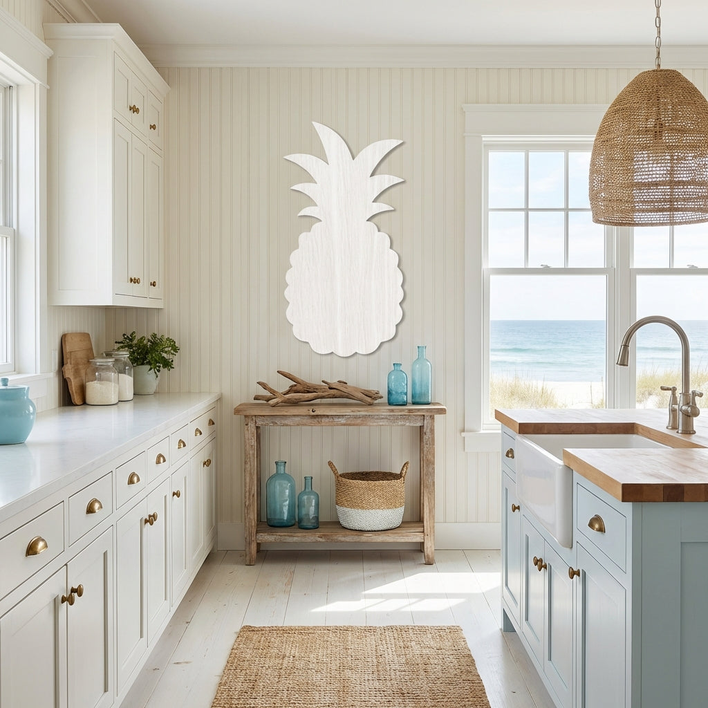 Pineapple Carved Wood Wall Art Panel - Freeform in Coastal Kitchen (Cotton White)