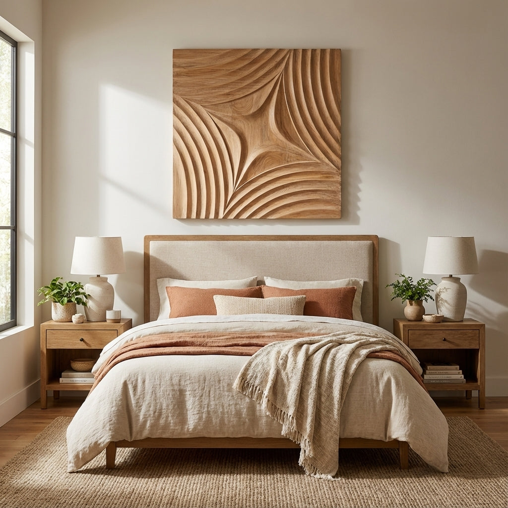 Curvilinear Carved Wood Wall Art Panel - Bedroom Setting