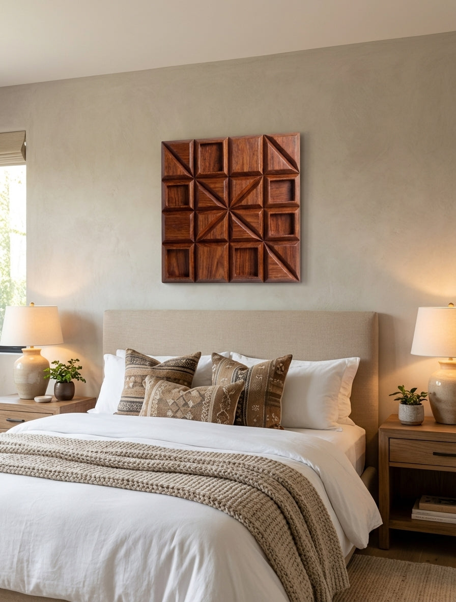 Geometric Echoes: Carved Wood Wall Art - Bedroom Setting