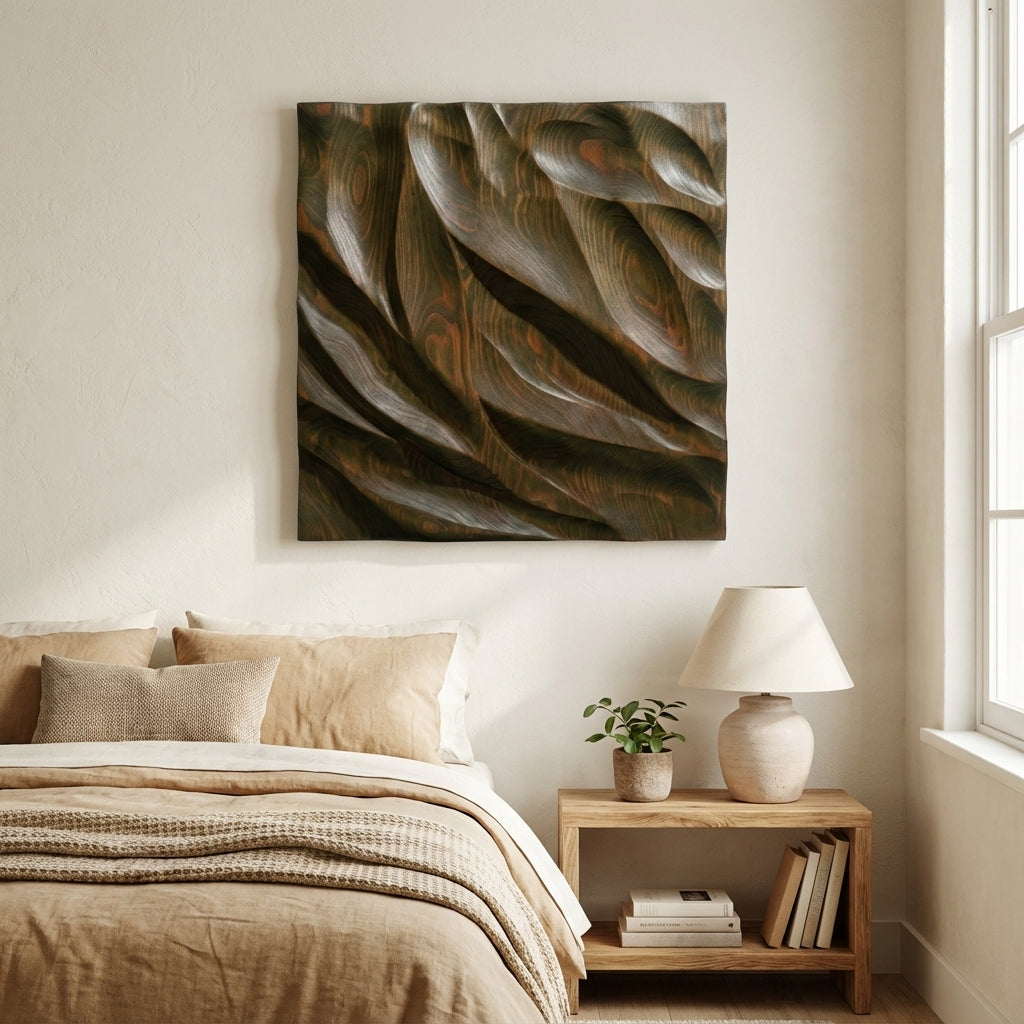 Ethereal Wave Carved Wood Wall Art Panel - Bedroom Setting