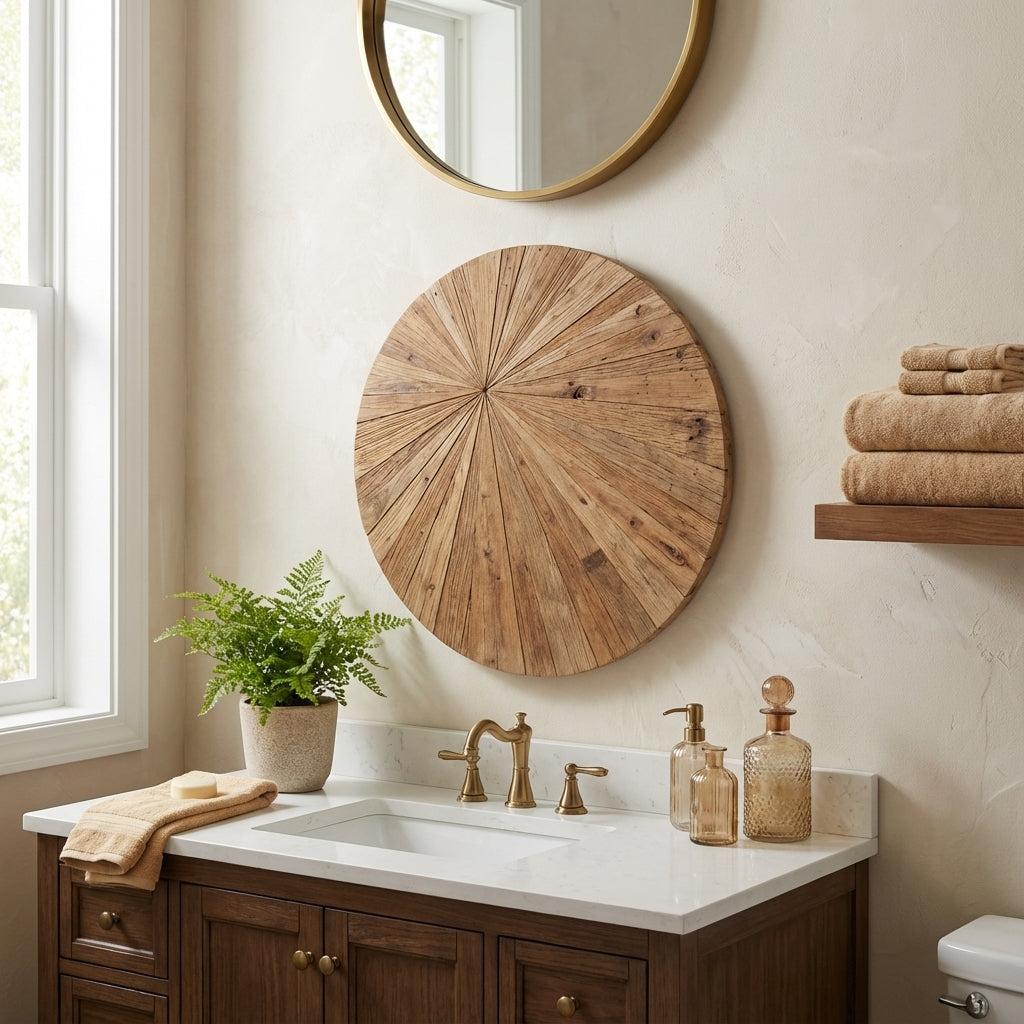 Radiant Sunburst Carved Wood Wall Art Panel - Bathroom Setting