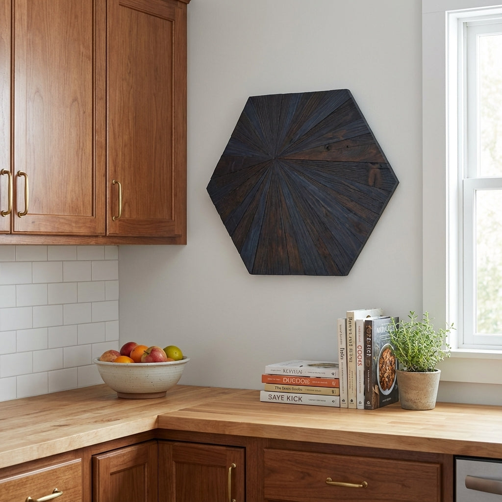 Sunburst Carved Wood Wall Art Panel - Kitchen Setting