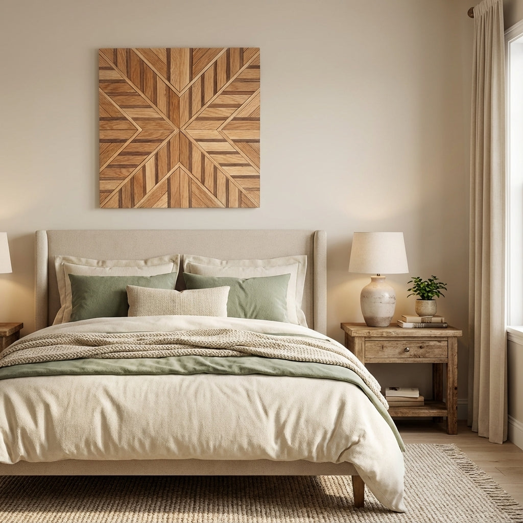 Starburst Wood Wall Art Panel: Geometric Radiance - Bedroom Setting