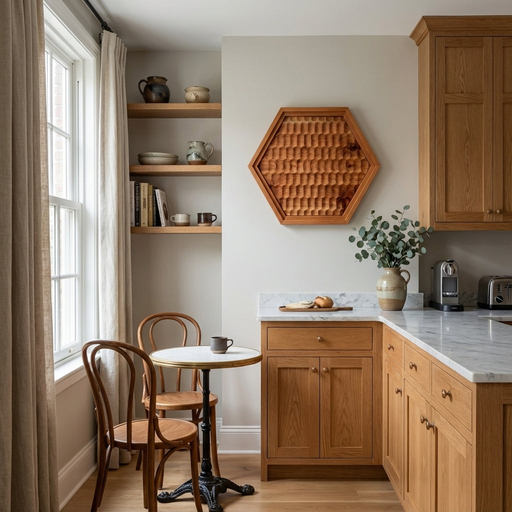 Erosion Carved Wood Wall Art Panel - Hexagon - Kitchen Setting