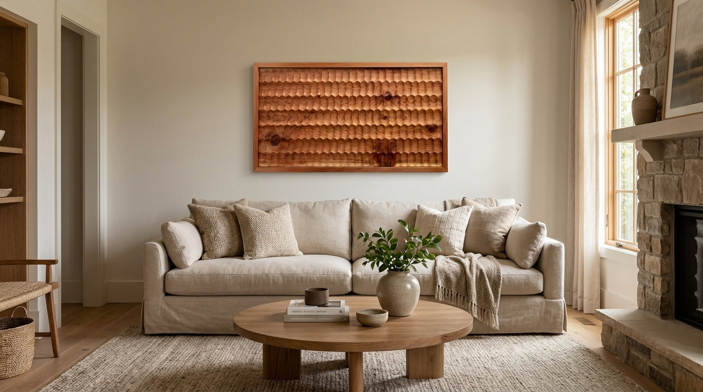 Honeycomb Carved Wood Wall Art Panel - Living Room Setting