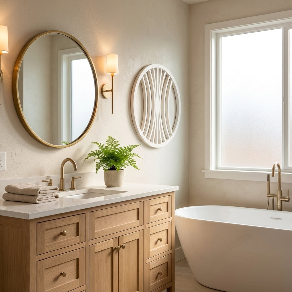 Hourglass Harmony: Carved Wood Wall Art - Bathroom Setting