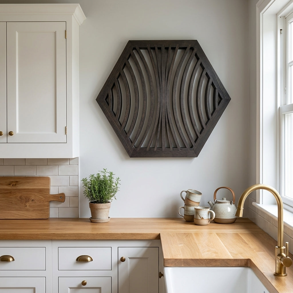 Aura: Sculpted Wood Radiance Wall Art - Kitchen Setting