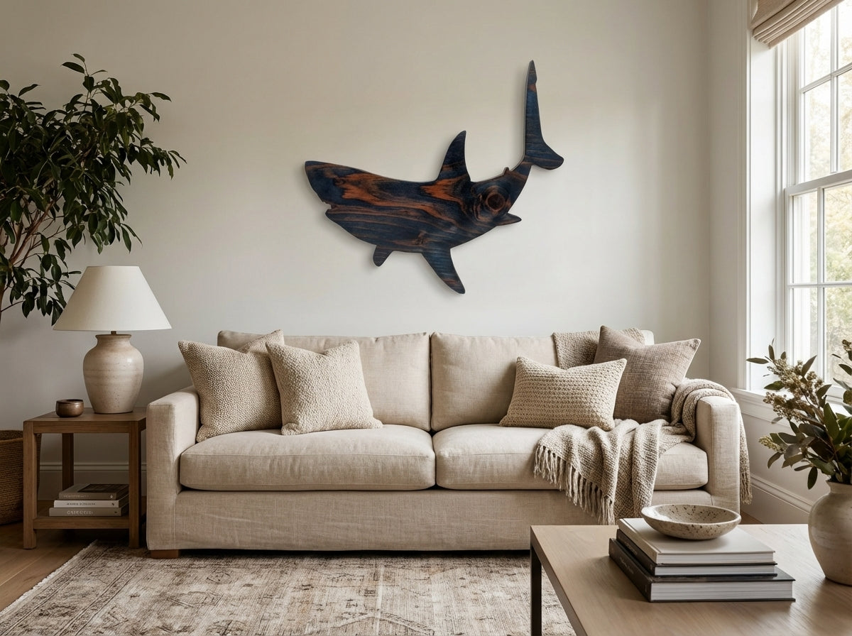 Ocean Predator Wood Art: Hammerhead Shark Sculpture - Living Room Setting