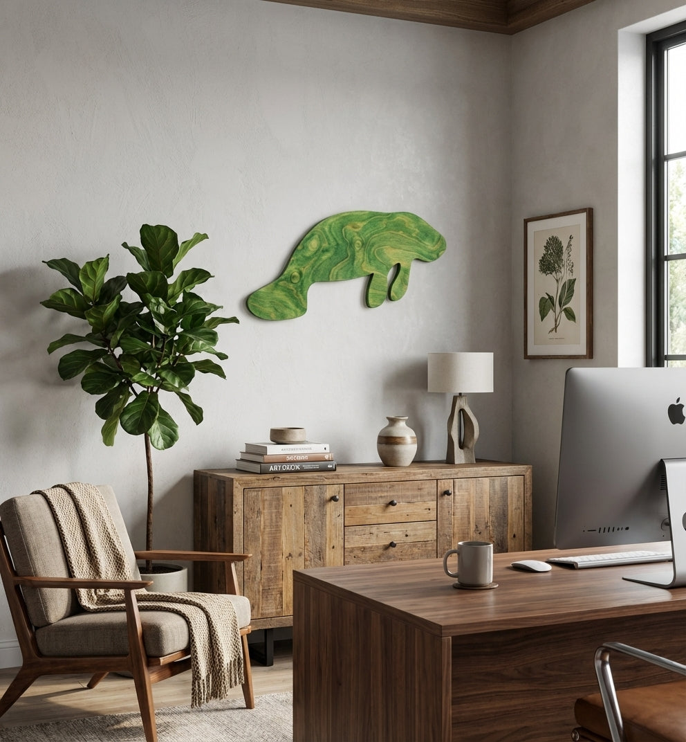 Gentle Manatee Carved Wood Wall Art - Office Setting