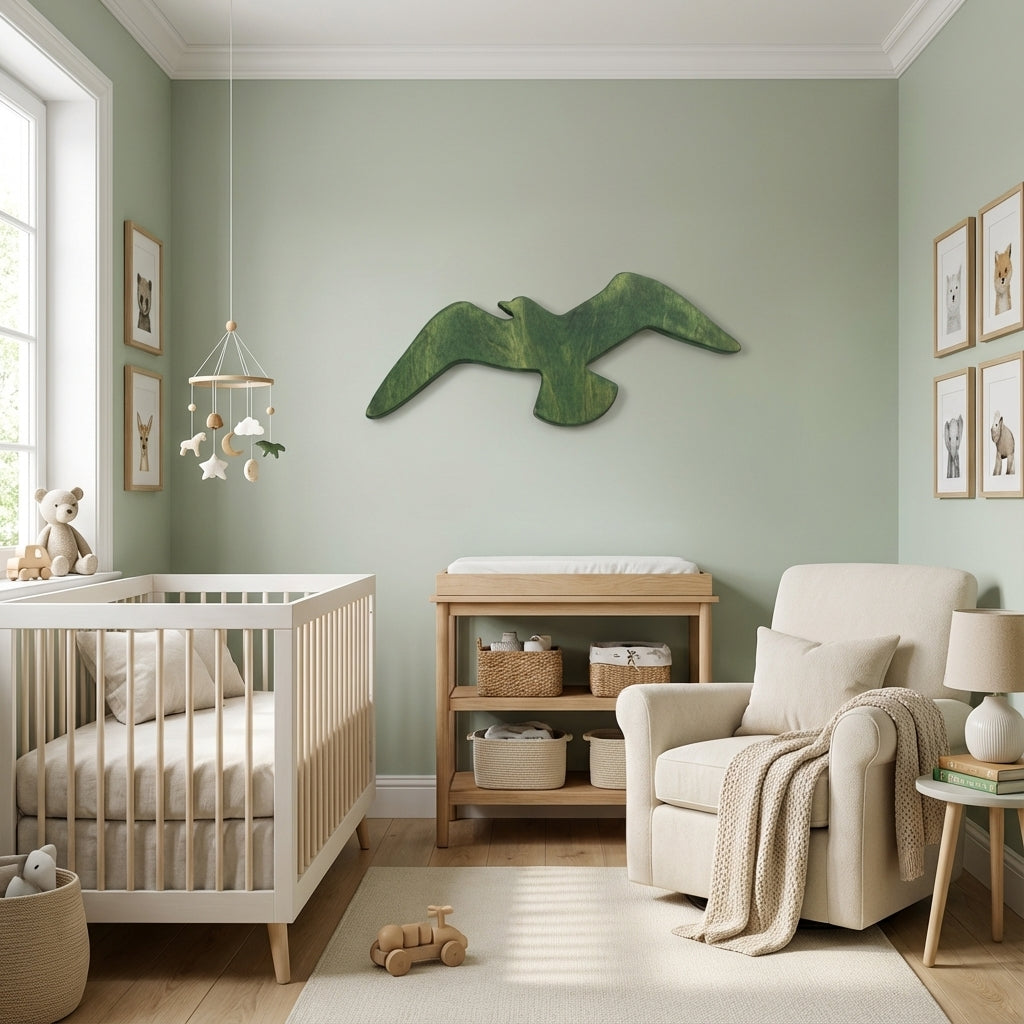 Soaring Seagull Wood Wall Art Panel - Nursery Setting