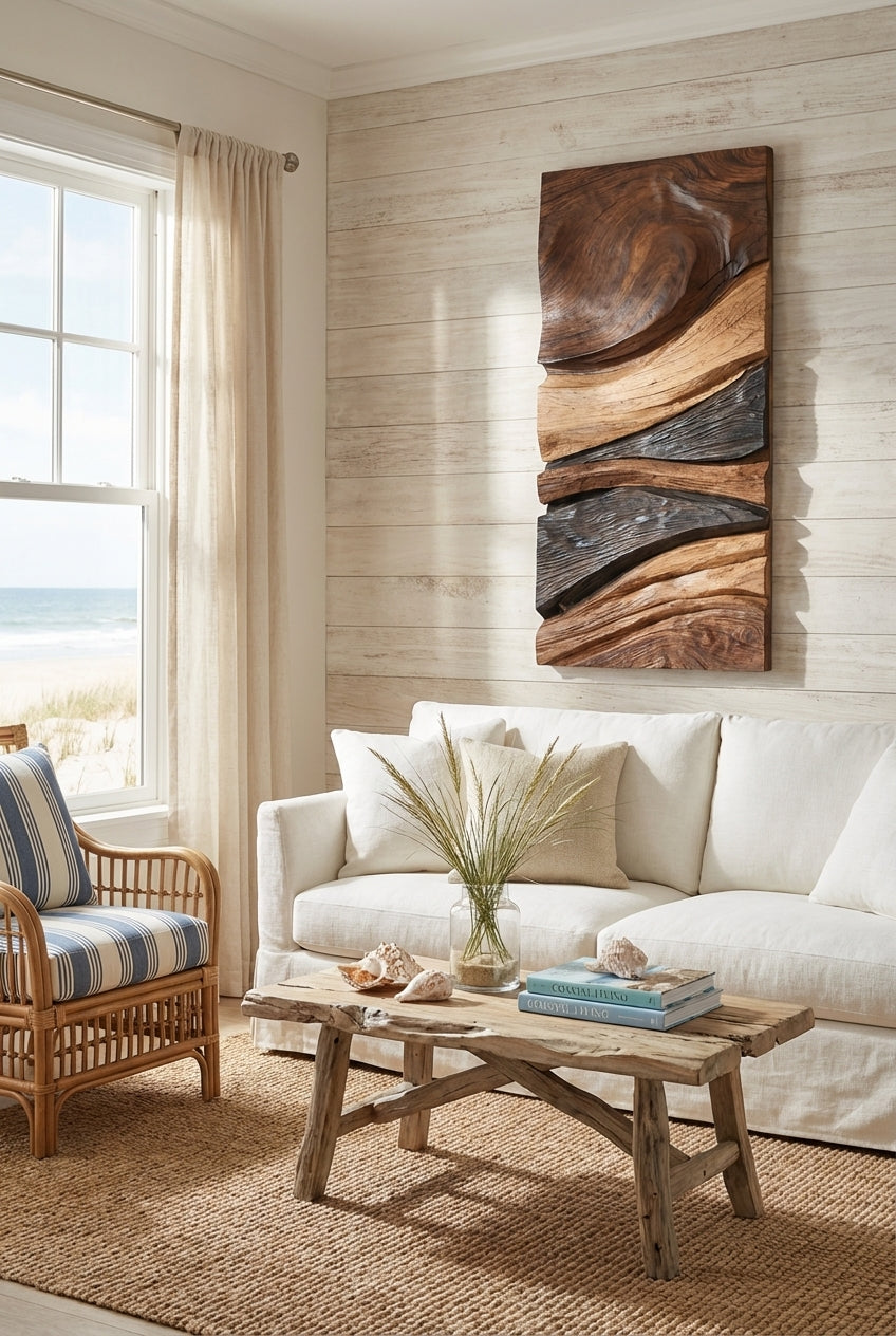 Erosion Waves Carved Wood Wall Art Panel - Freeform in Beach House (Natural)