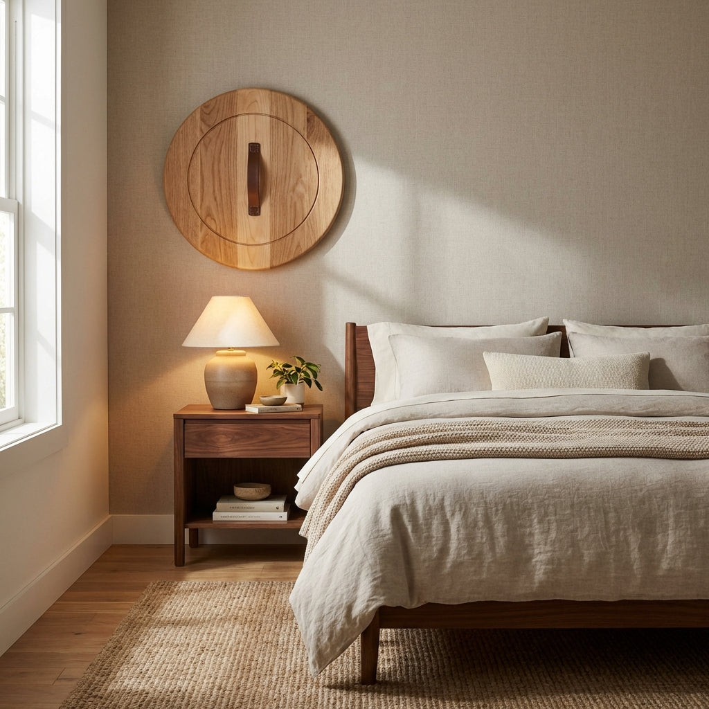 Artisanal Wood Panel with Central Leather Handle - Freeform in Bedroom (Natural)