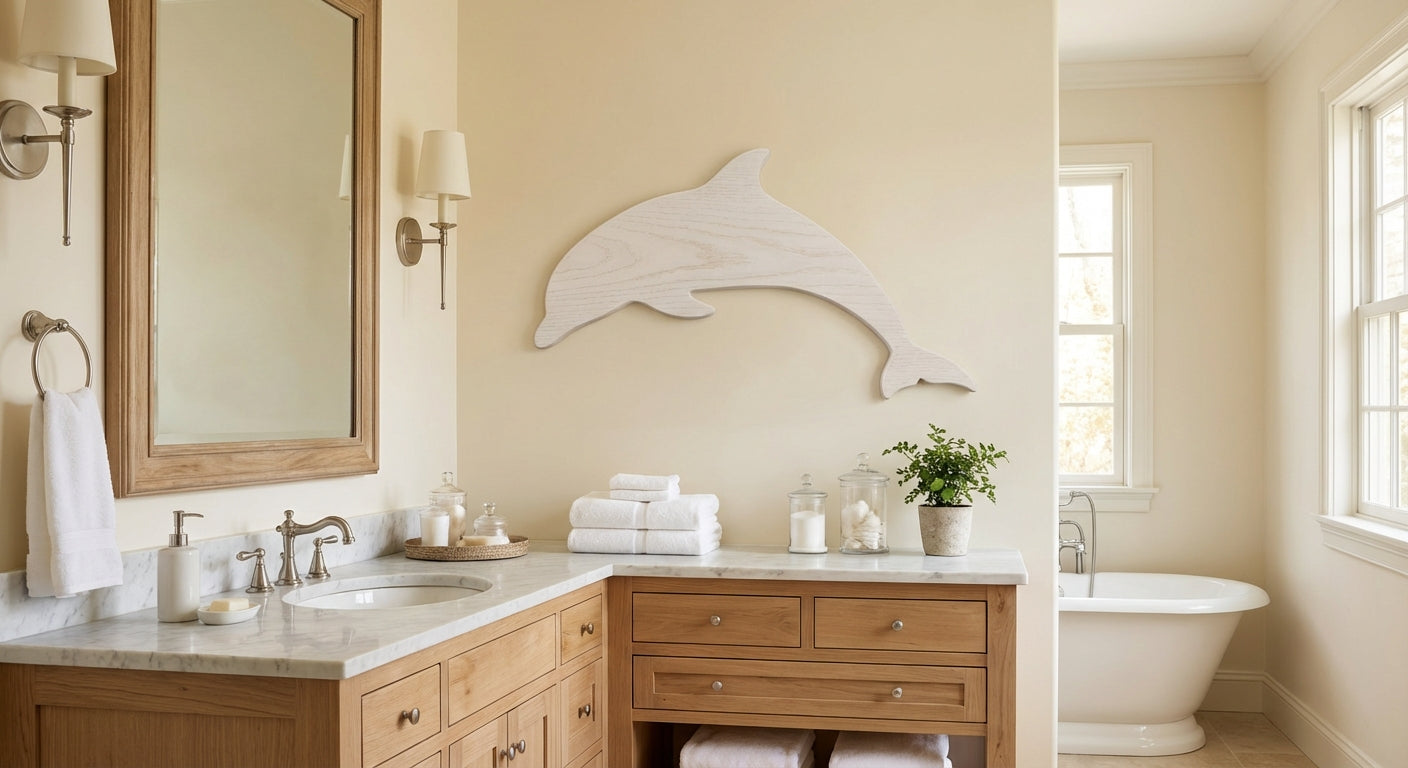 Ocean's Embrace: Carved Dolphin Wood Wall Art - Freeform in Bathroom (Cotton White)