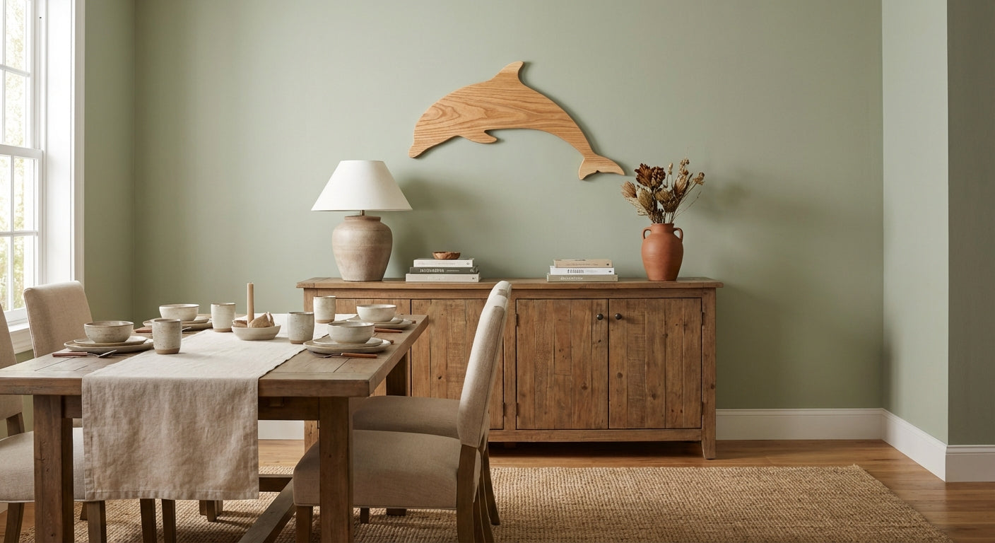 Ocean's Embrace: Carved Dolphin Wood Wall Art - Freeform in Dining Room (Natural)