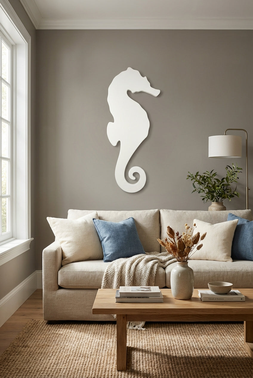 Emerald Seahorse: Carved Wood Wall Art Panel - Freeform in Living Room (Cotton White)