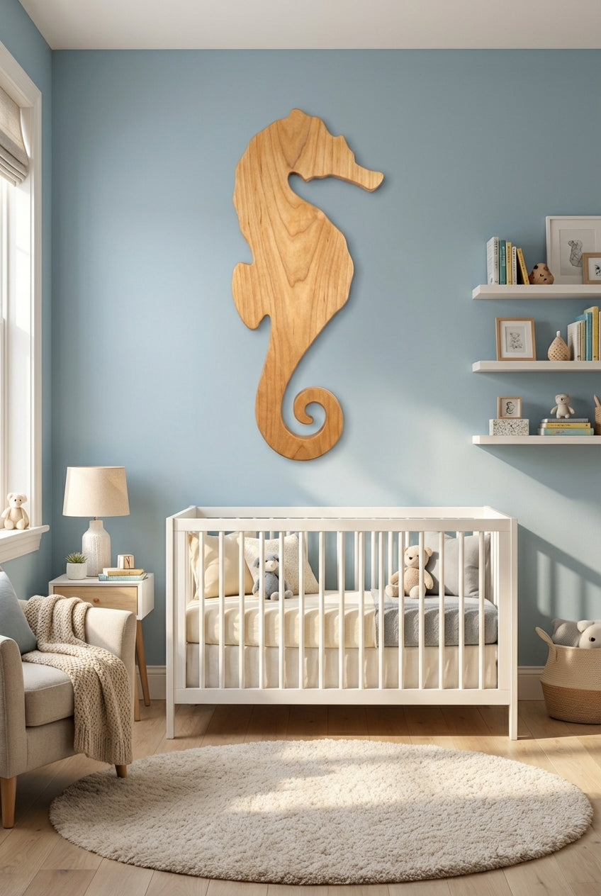 Emerald Seahorse: Carved Wood Wall Art Panel - Freeform in Nursery (Natural)
