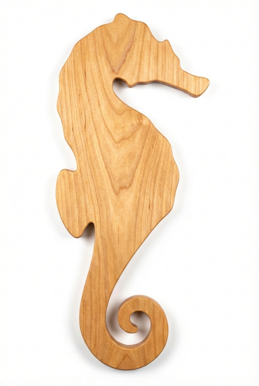 Emerald Seahorse: Carved Wood Wall Art Panel - Freeform (Natural)