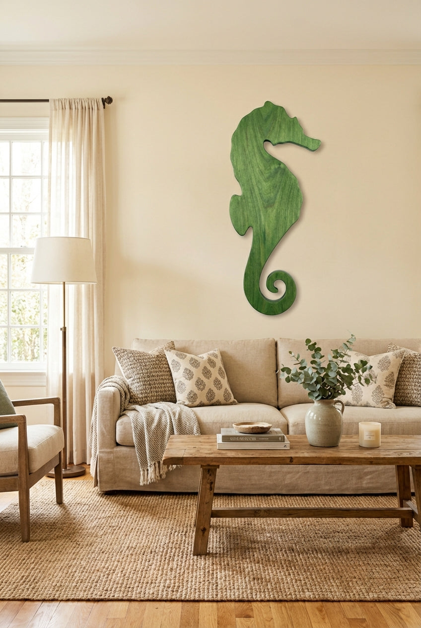 Emerald Seahorse: Carved Wood Wall Art Panel