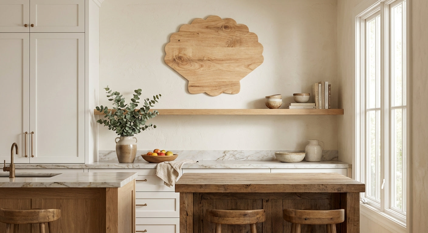 Ocean Shell Carved Wood Wall Art Panel - Freeform in Kitchen (Natural)