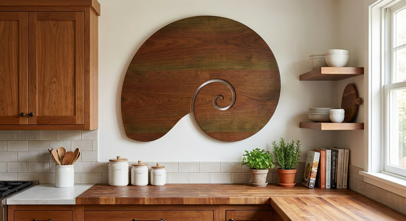 Nautilus Carved Wood Wall Art Panel - Freeform in Kitchen (Fern)