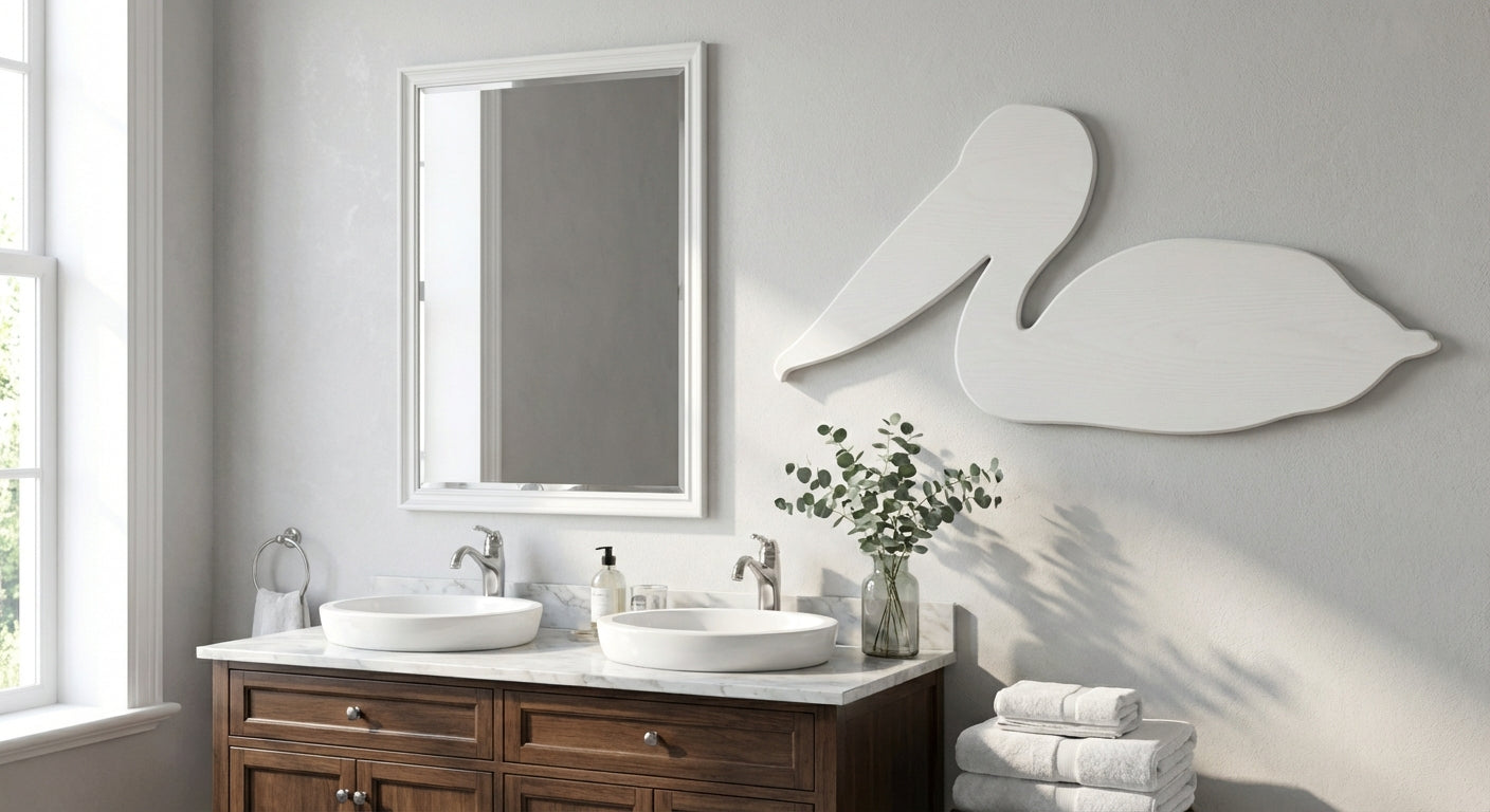 Pelican Flight Carved Wood Wall Art Panel - Freeform in Bathroom (Cotton White)