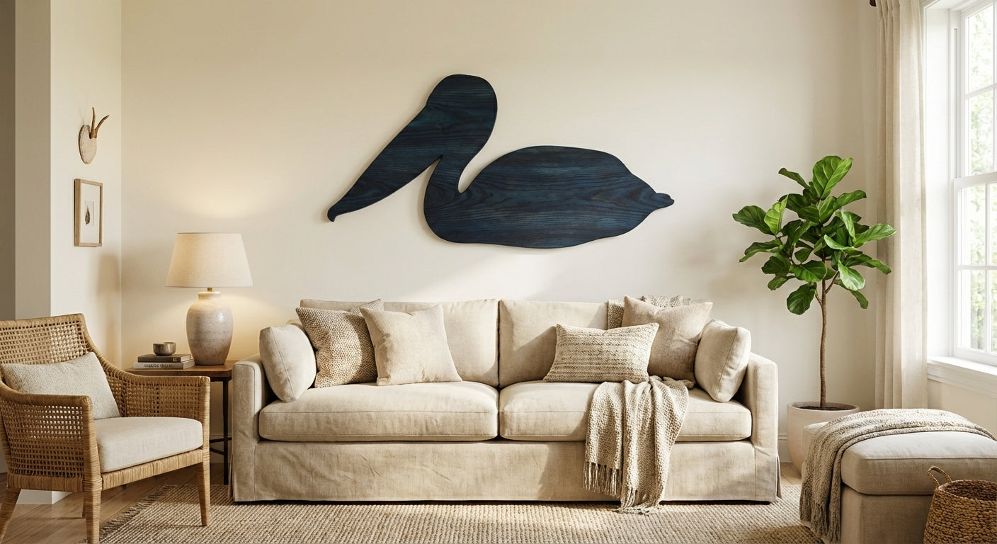 Pelican Flight Carved Wood Wall Art Panel - Freeform in Living Room (Midnight Sky)