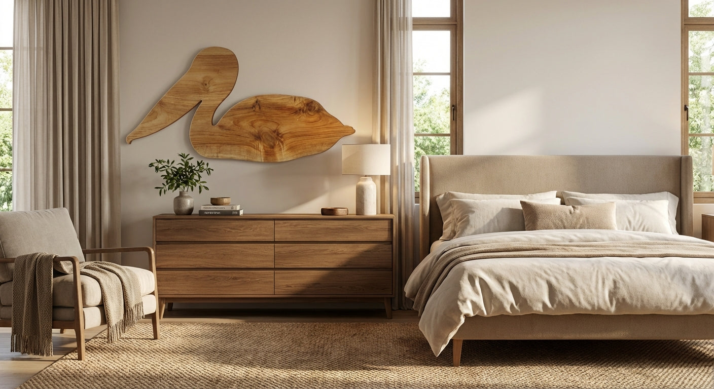 Pelican Flight Carved Wood Wall Art Panel - Freeform in Bedroom (Natural)