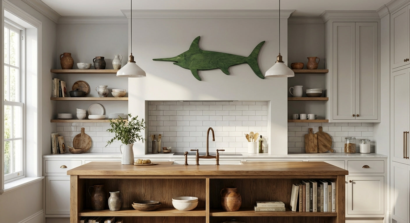 Abstract Swordfish Wood Wall Art - Freeform in Kitchen (Fern)