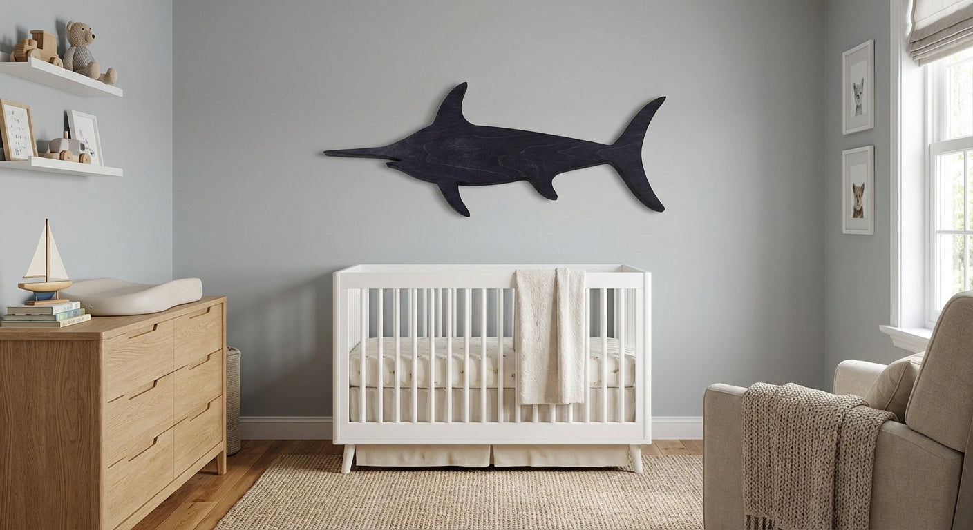 Abstract Swordfish Wood Wall Art - Freeform in Nursery (Midnight Sky)