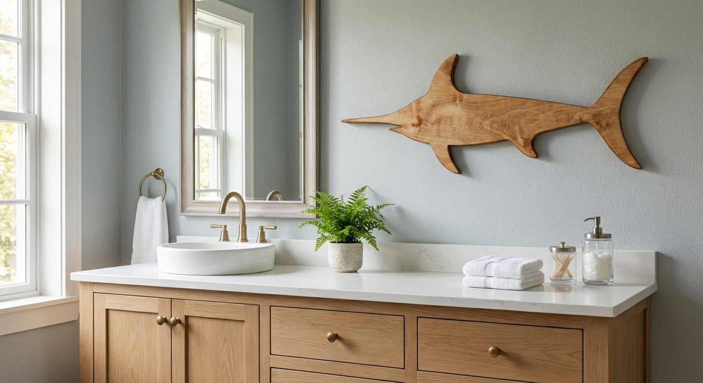 Abstract Swordfish Wood Wall Art - Freeform in Bathroom (Natural)
