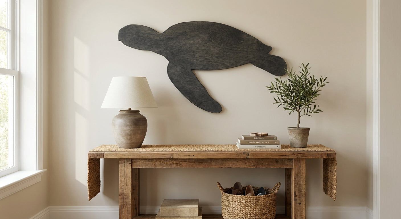 Coastal Turtle Carved Wood Wall Art - Freeform in Entryway (Charcoal)