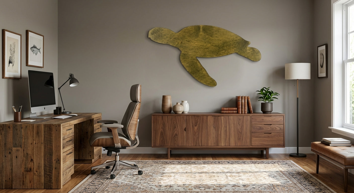 Coastal Turtle Carved Wood Wall Art - Freeform in Office (Fern)
