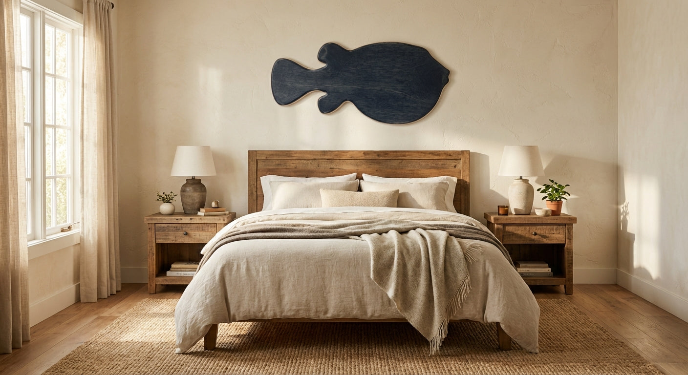 Verdant Depths Carved Wood Wall Art Panel - Freeform in Bedroom (Midnight Sky)