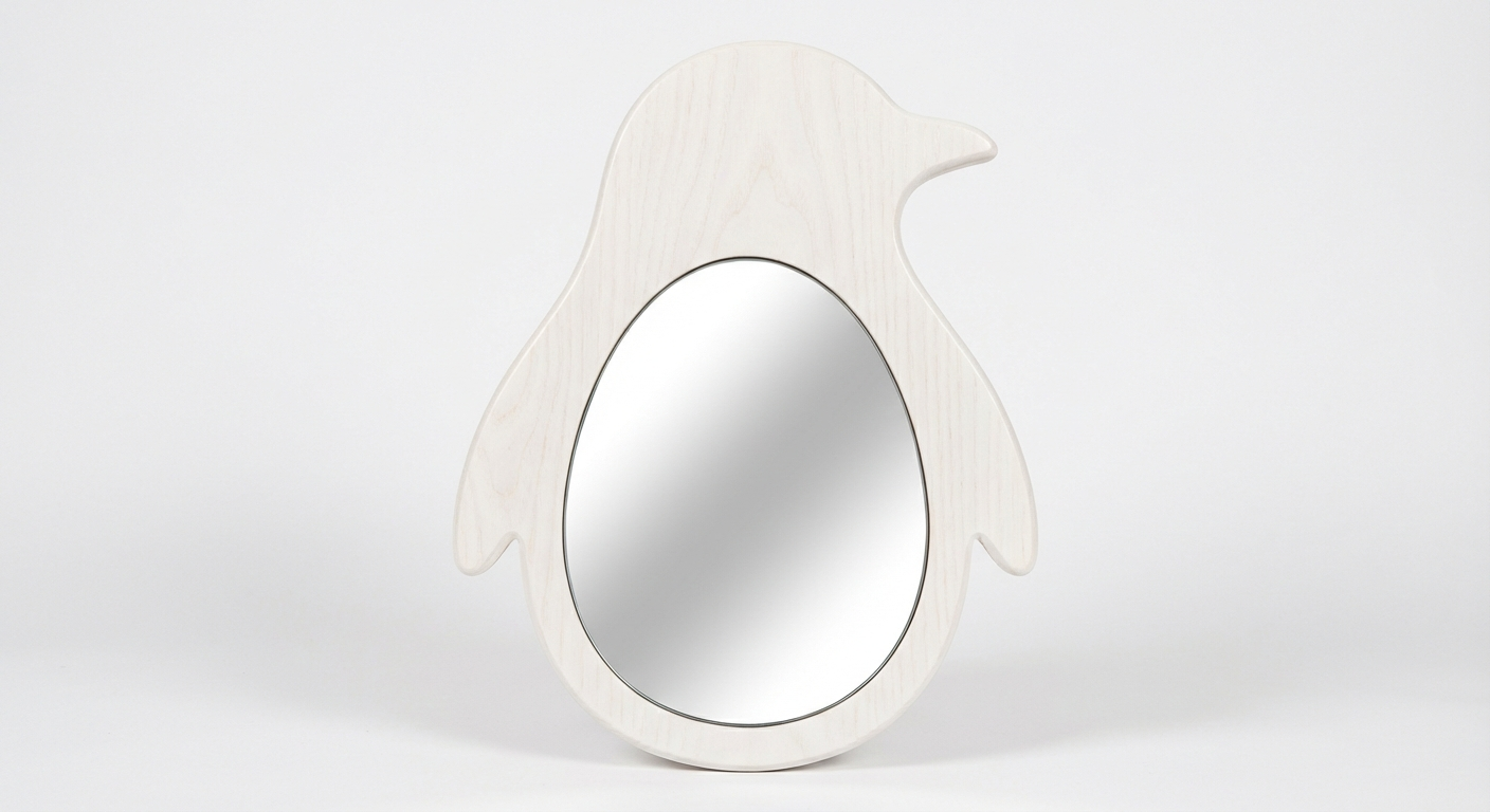 Penguin Profile Wooden Mirror Wall Art - Freeform (Cotton White)