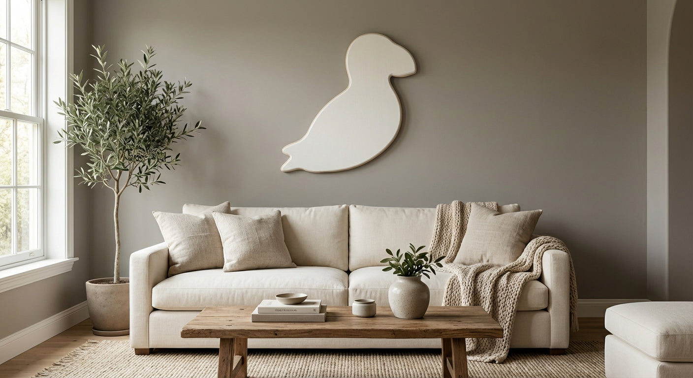 Abstract Avian Carved Wood Wall Art Panel - Freeform in Living Room (Cotton White)