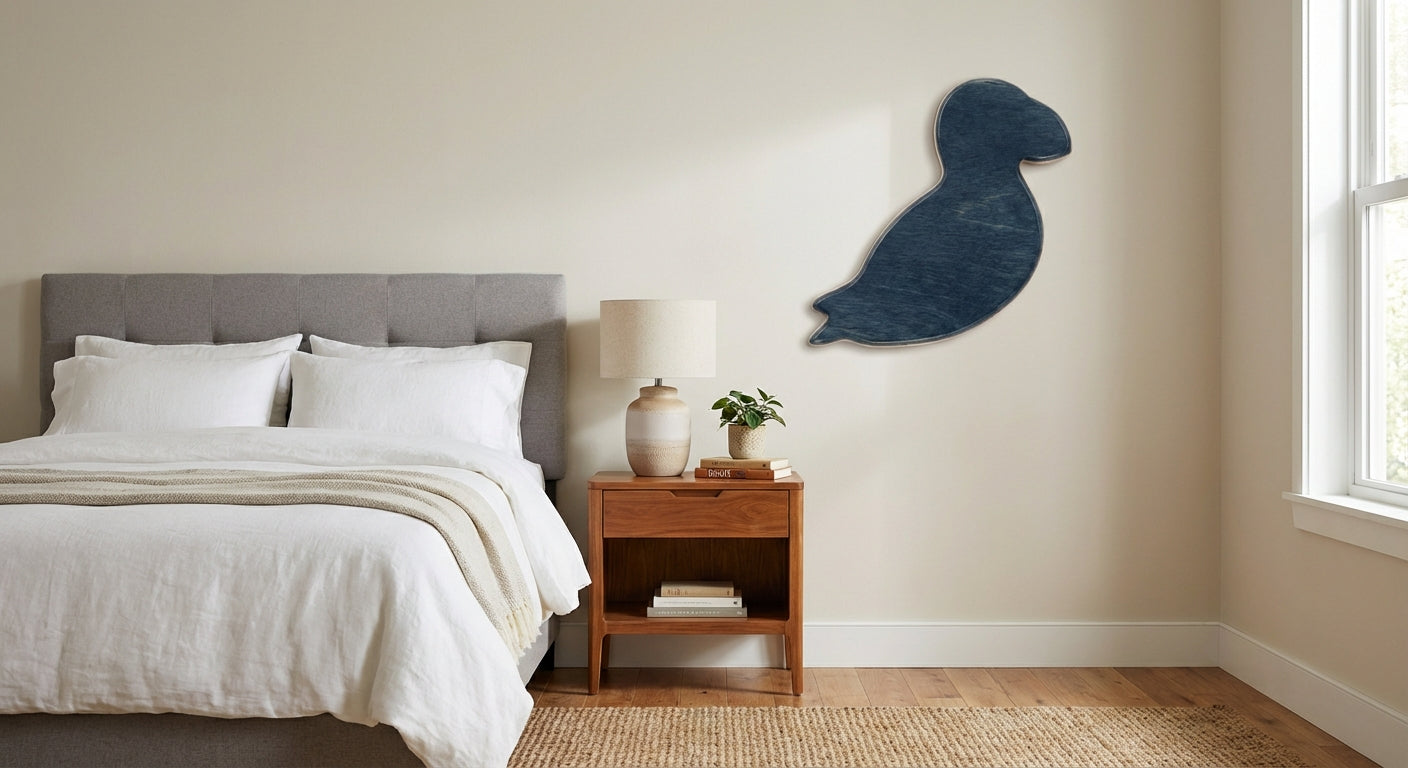 Abstract Avian Carved Wood Wall Art Panel - Freeform in Bedroom (Midnight Sky)