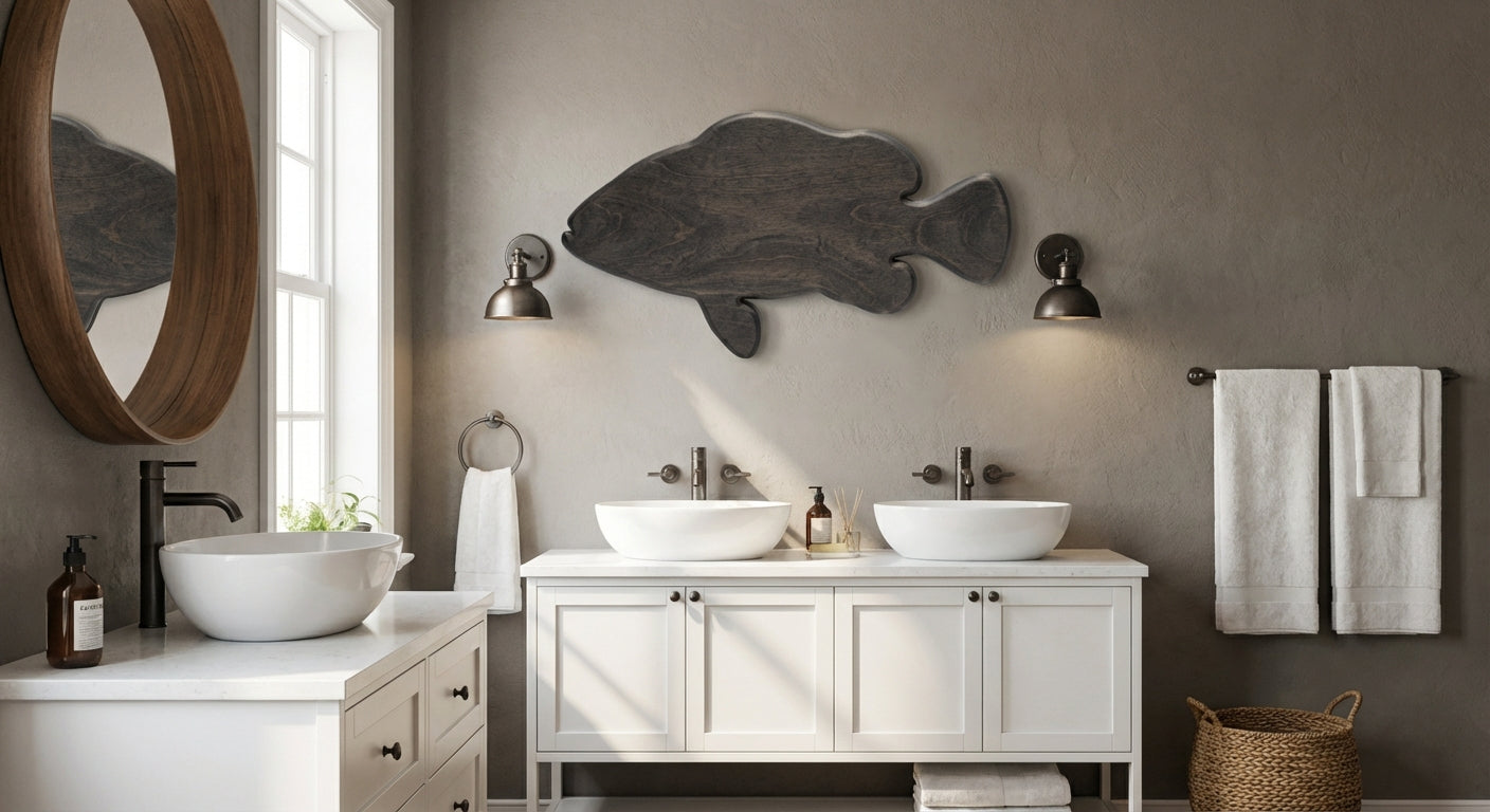 Coastal Currents Carved Wood Wall Art - Freeform in Bathroom (Charcoal)