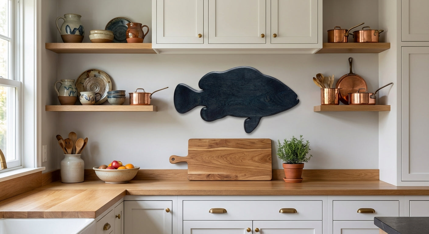 Coastal Currents Carved Wood Wall Art - Freeform in Kitchen (Midnight Sky)
