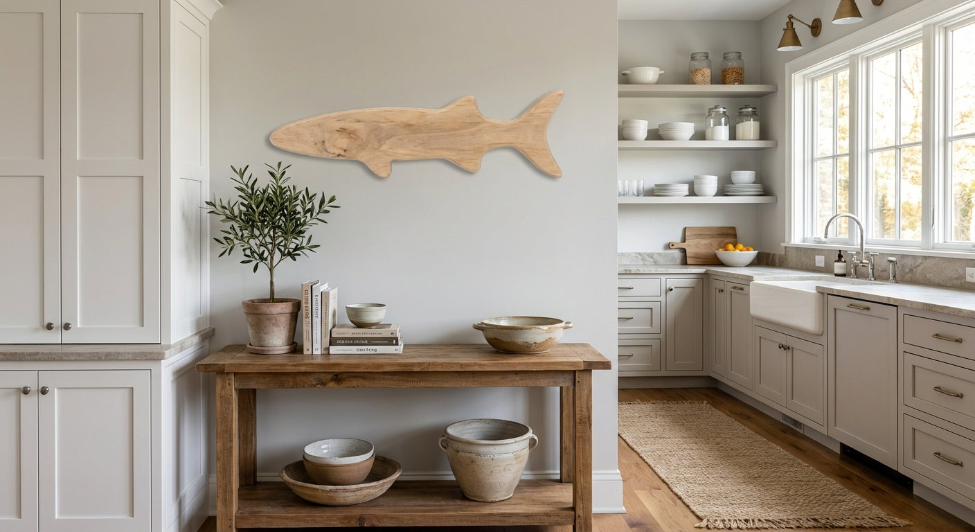 Coastal Shark Carved Wood Wall Art - Freeform in Kitchen (Natural)