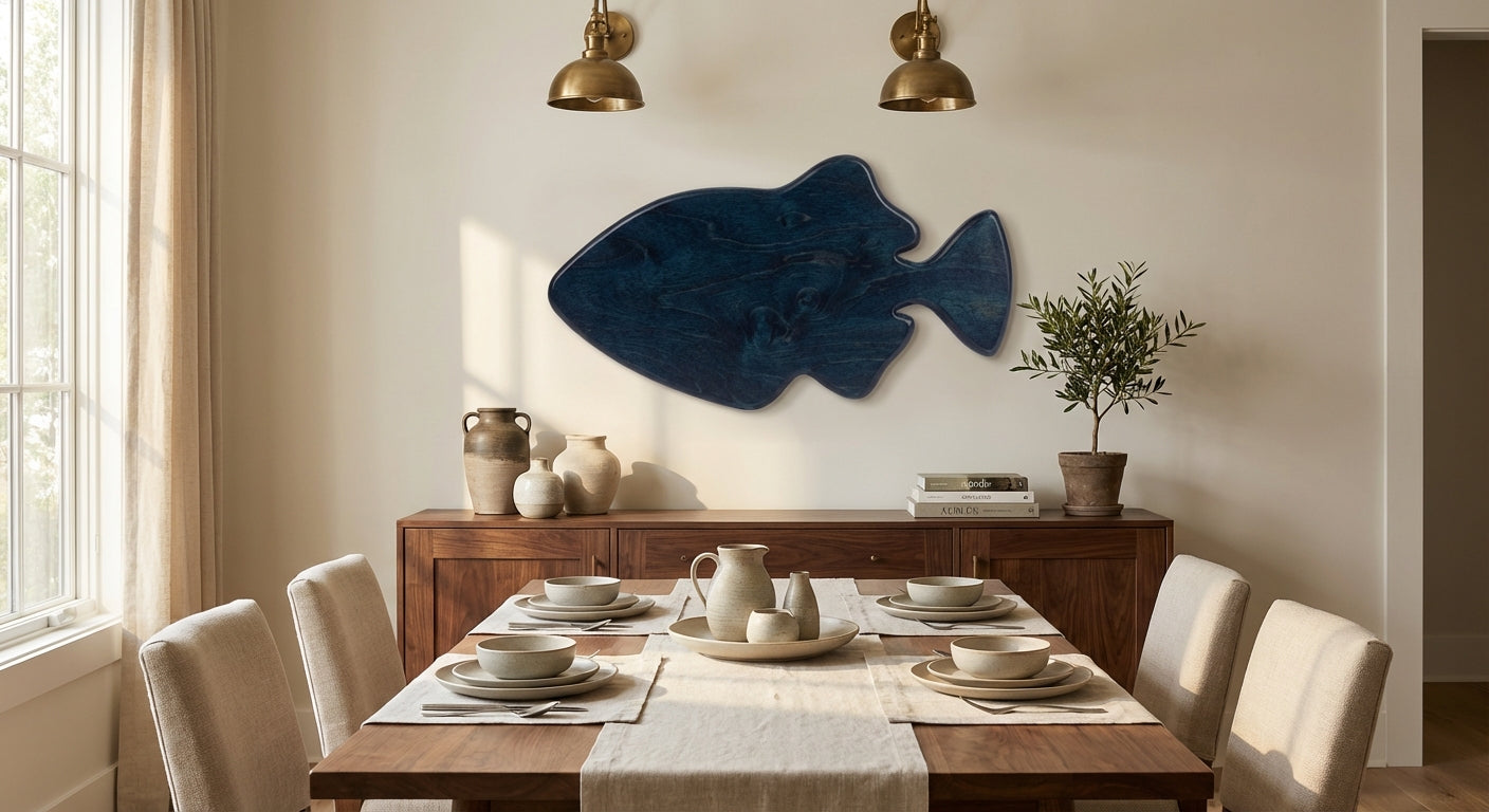 Coastal Currents Carved Wood Wall Art - Freeform in Dining Room (Midnight Sky)
