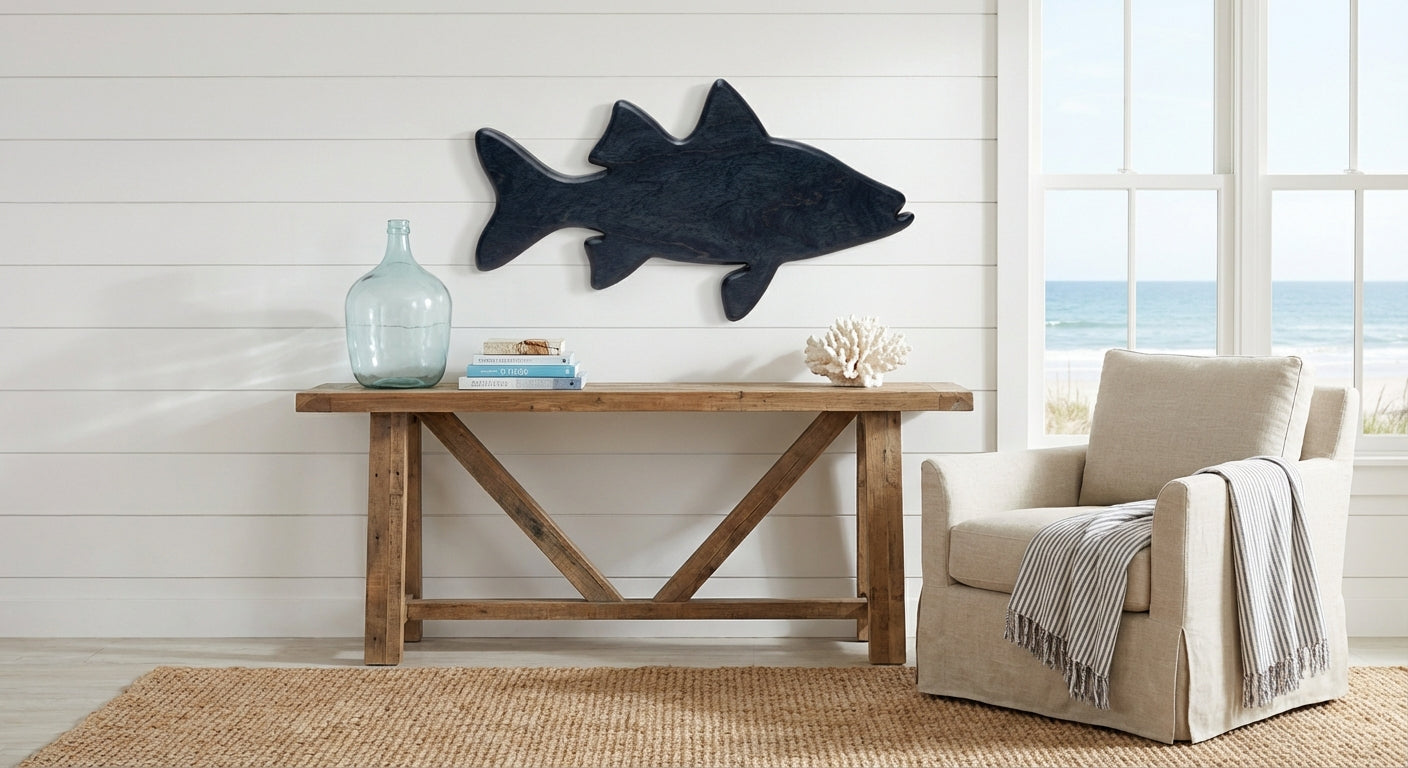 Abstract Fish Wood Wall Art - Freeform in Beach House (Midnight Sky)