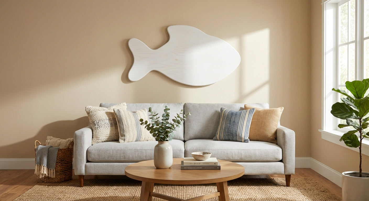 Oceanic Drift Wood Wall Art Panel - Freeform in Living Room (Cotton White)