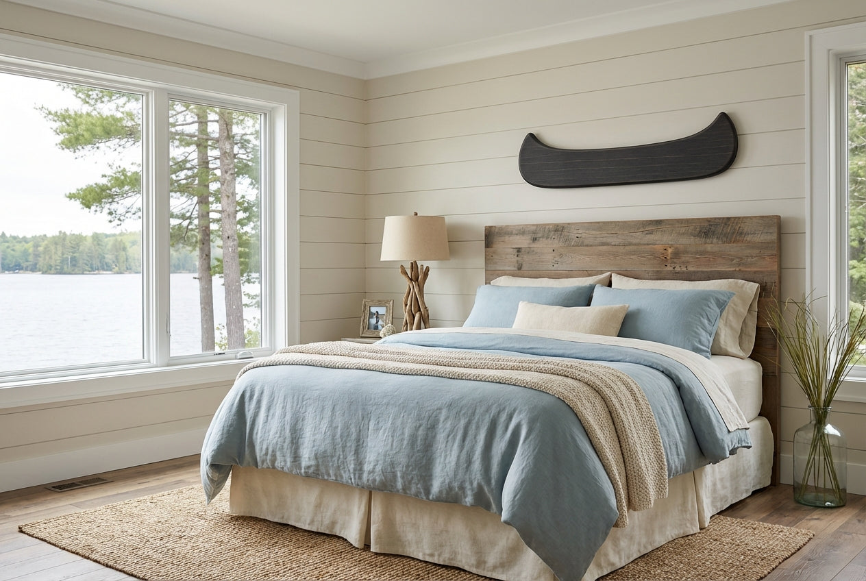 Canoe Carved Wood Wall Art Panel - Freeform in Lake House Bedroom (Charcoal)