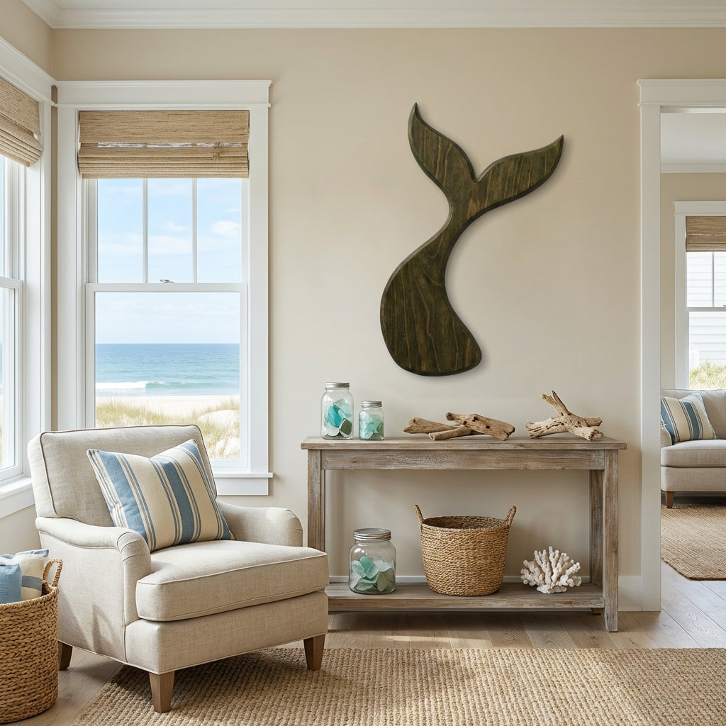 Mermaid Tail Carved Wood Wall Art Panel - Freeform in Beach House (Fern)