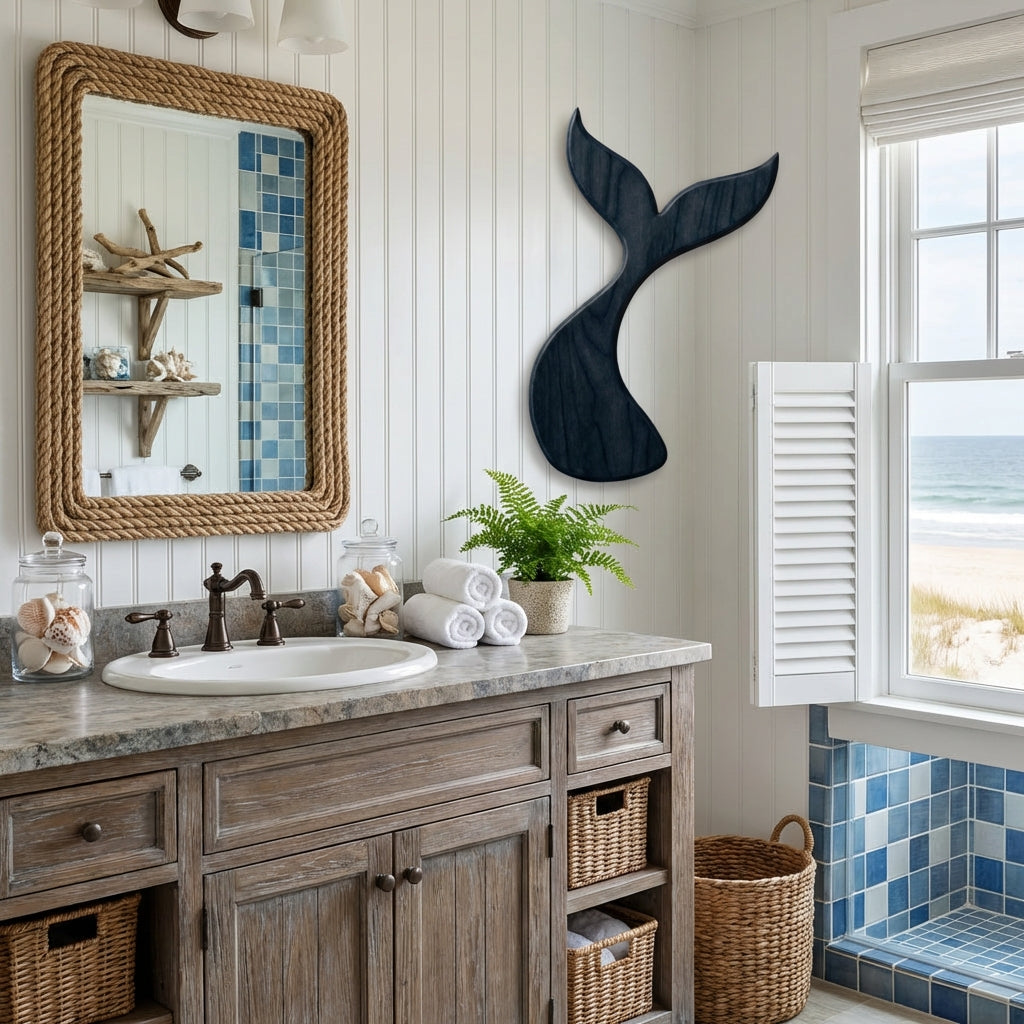 Mermaid Tail Carved Wood Wall Art Panel - Freeform in Nautical Bathroom (Midnight Sky)