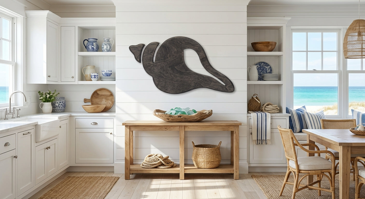 Conch Shell Carved Wood Wall Art Panel - Freeform in Coastal Kitchen (Charcoal)