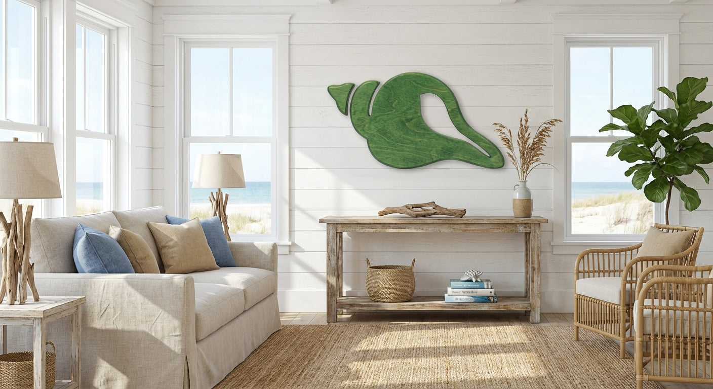 Conch Shell Carved Wood Wall Art Panel - Freeform in Beach House Living Room (Fern)