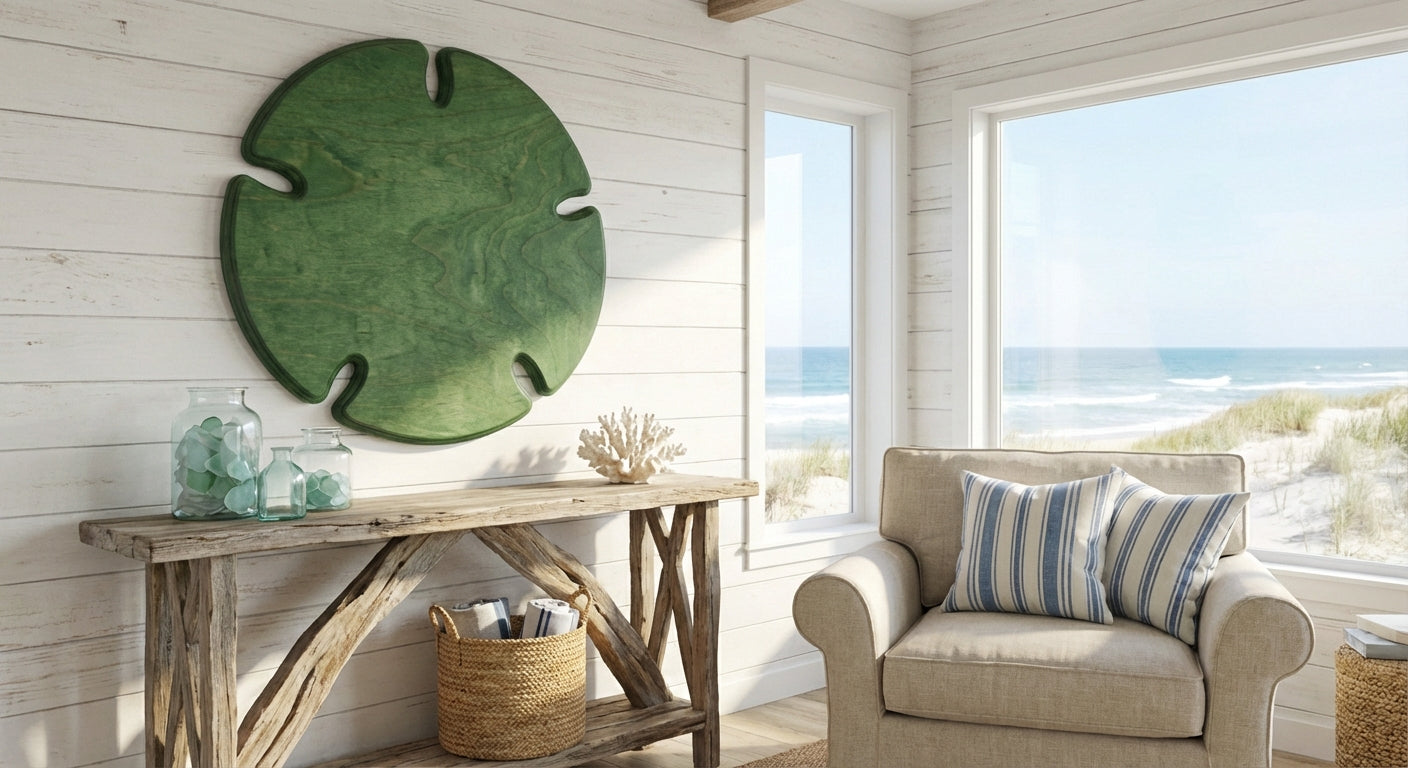 Sand Dollar Carved Wood Wall Art Panel - Freeform in Beach House (Fern)